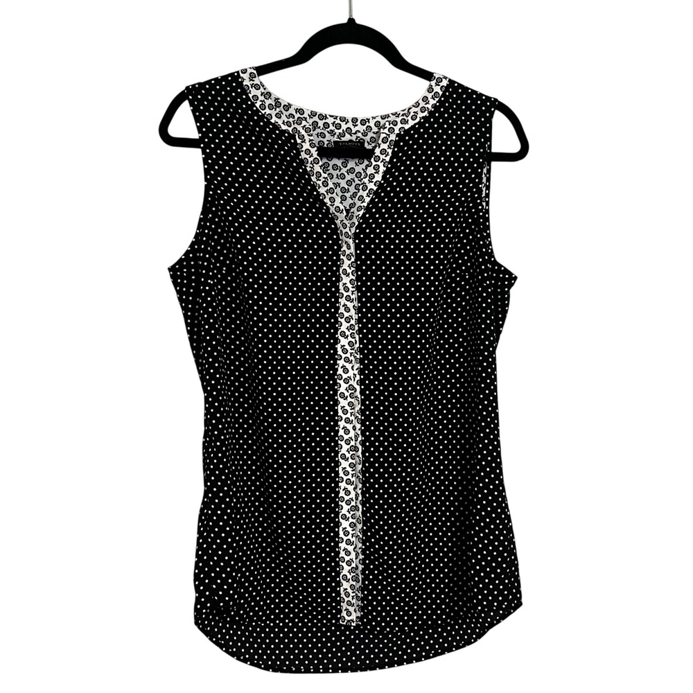 Talbots Womens Medium Black White Polka Dot Floral Sleeveless Blouse Top